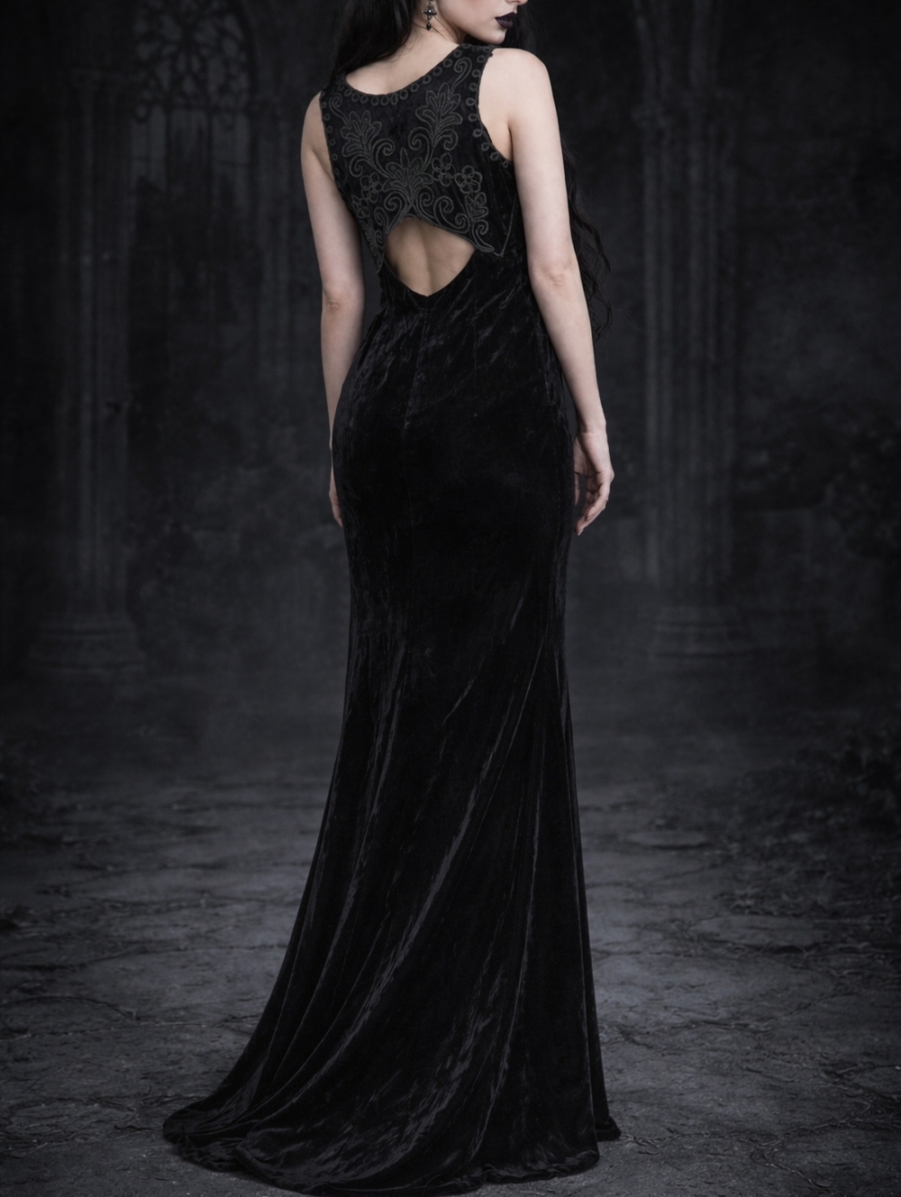 Vintage Scott McClintock Velvet Embroidered Pencil Maxi Dress Whimsigoth Size 4